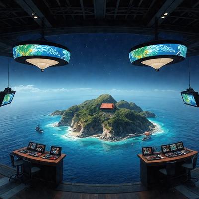 The primary subject of the image is a computer screen displaying a digital artwork of a tropical island. The setting is a room with a desk and two computer monitors, one on each side of the desk. The visual style is digital art, and the colors and mood are vibrant and tropical.